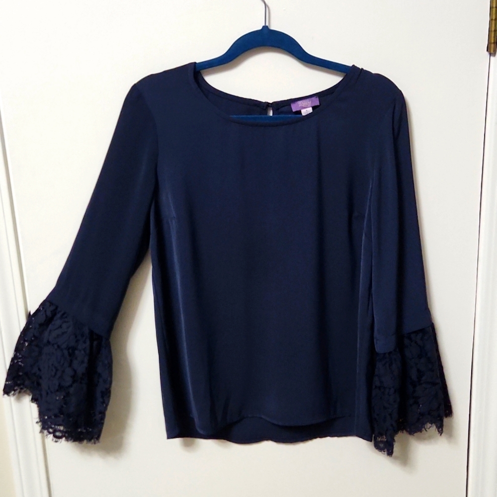 Truly Poppy Navy Long Sleve Lace Trim Blouse Size Small
